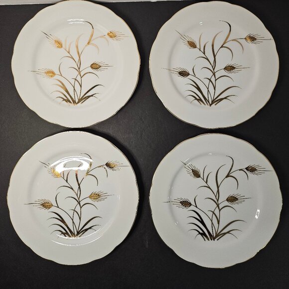 1950s Lefton China Gold Wheat Design And On Edge Of White Set of 4 Salad Plates - Picture 1 of 12